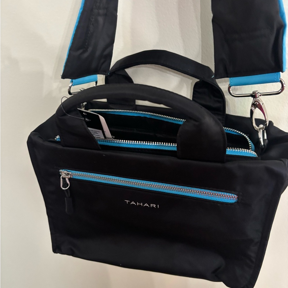 Tahari Black Satchel with Aqua Accents